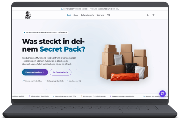 multimediapack — Mystery-Box-Online-Shop mit Hell-/Dunkel-Modus und Warenkorb